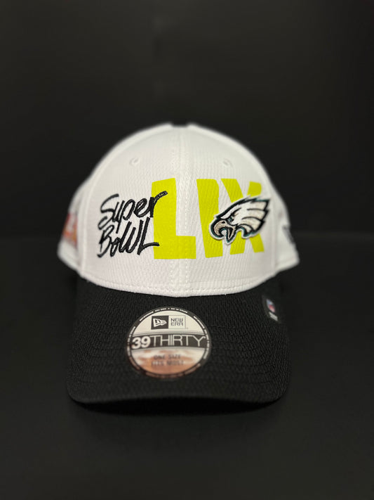Gorra flexible New Era 39THIRTY de los Philadelphia Eagles para el Super Bowl LIX en blanco y negro para hombre